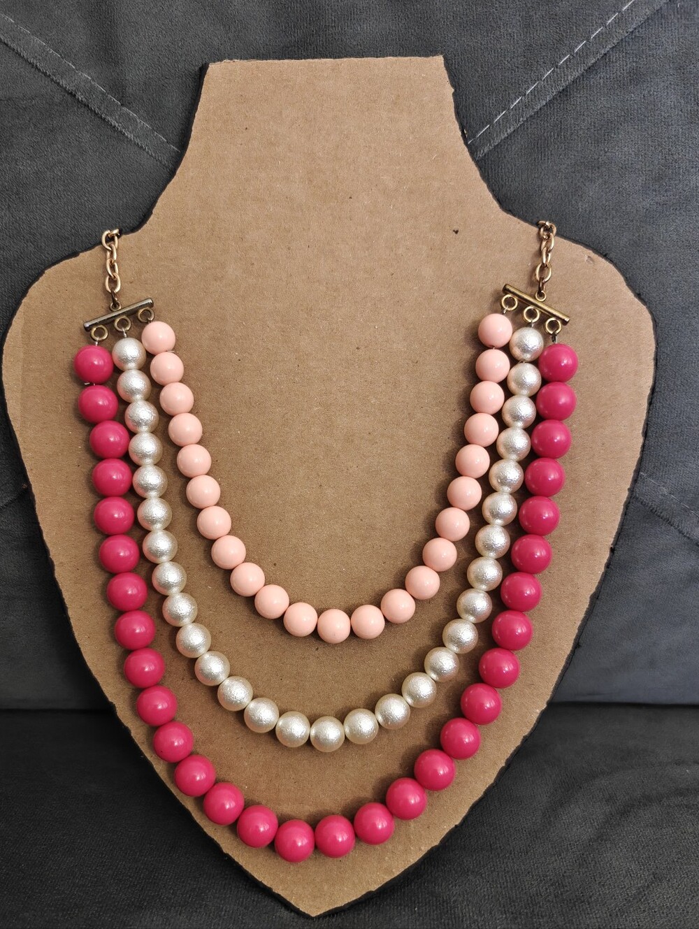 Multi-Strand Pink & Pearl Bead Statement Necklace Gold Tone